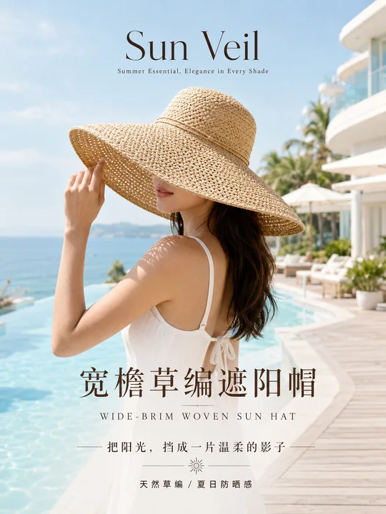 极简夏日防晒美学宽檐草帽时尚海报