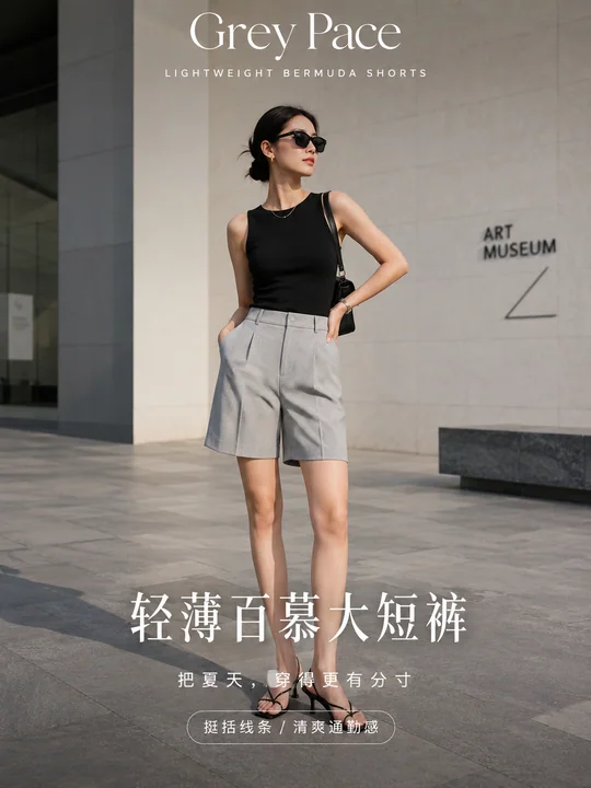 高端都市女性夏日百慕大短裤时尚海报