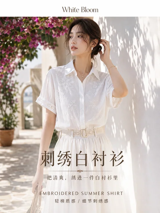 清爽夏日高端白衬衫刺绣时尚海报