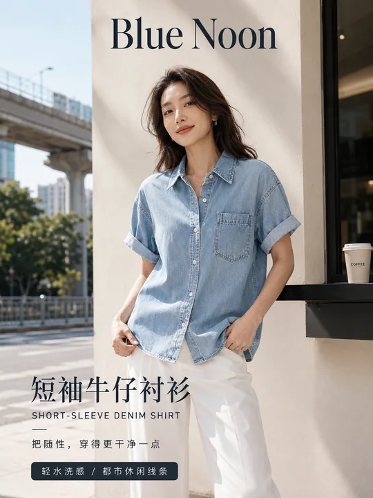 都市清爽蓝调夏日牛仔衬衫时尚海报