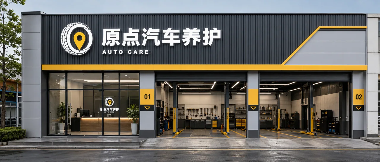 原点汽车养护现代工业风门店立面设计