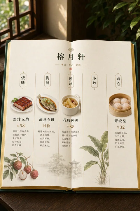岭南粤菜馆榕月轩精装菜单内页设计