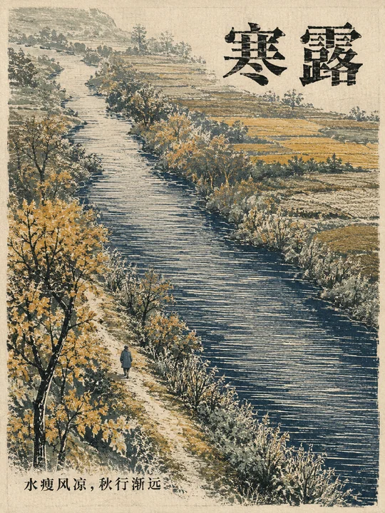 寒露秋意河岸木版套色艺术海报