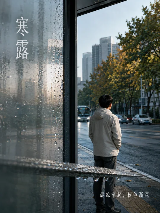 寒露清晨城市公交站纪实摄影海报