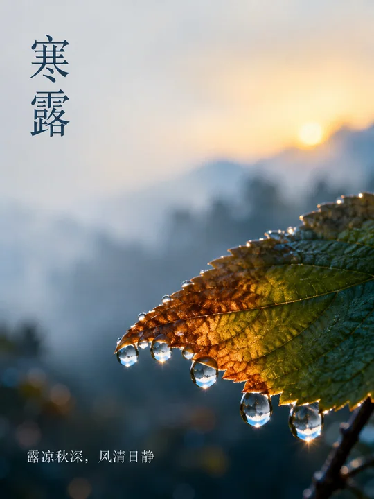 寒露微距:叶尖露珠折射晨光意境海报