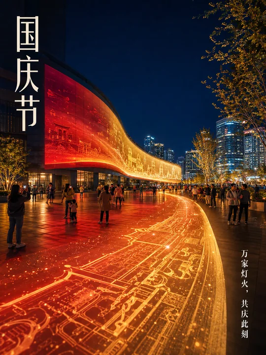 现代都市光影：国庆之夜金色长廊
