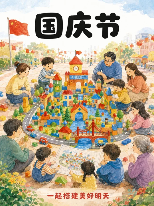 国庆节儿童绘本风社区共建积木城市海报