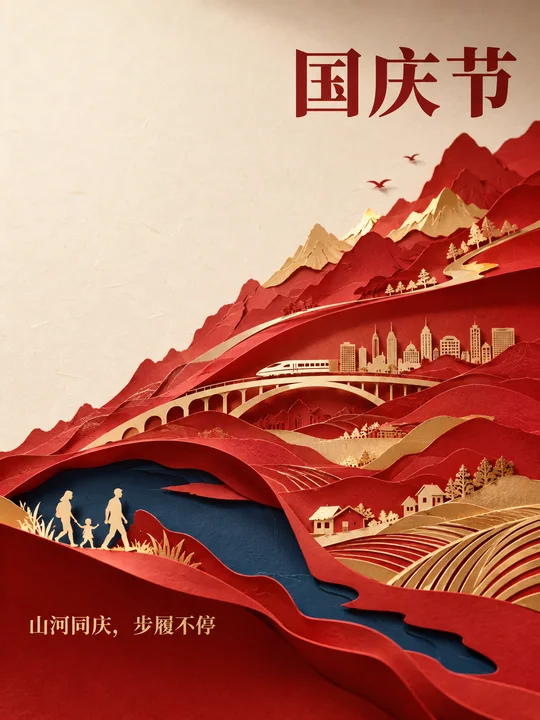 盛世华诞山河同庆纸雕剪影艺术海报