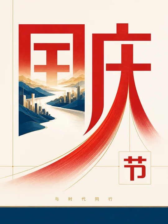极简主义国庆山河负形字体海报