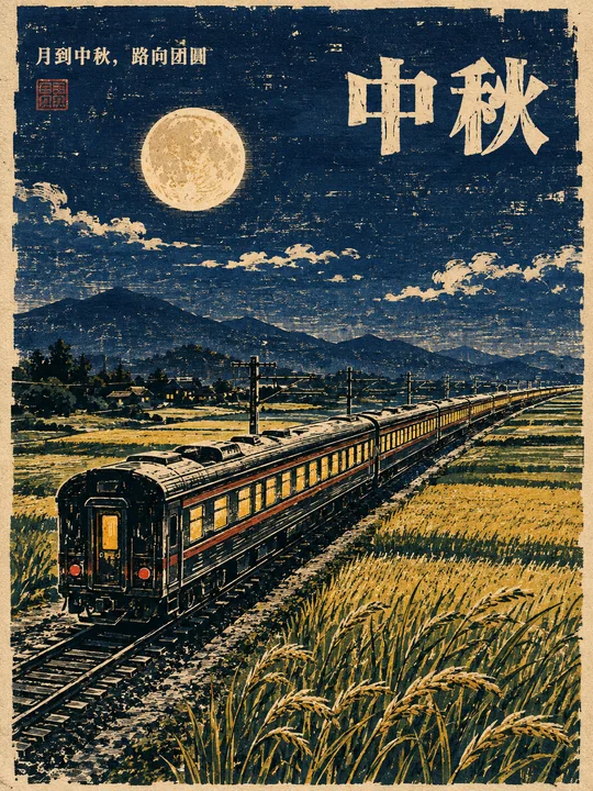 中秋归家列车木版套色海报