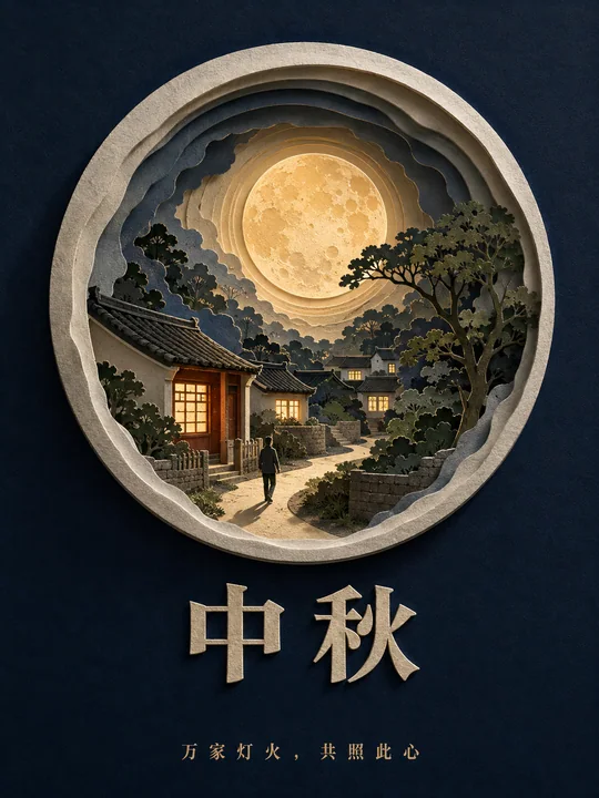 中秋纸雕艺术：月影人间万家灯火海报