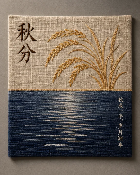 匠心刺绣秋分节气亚麻质感海报
