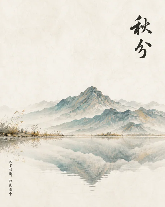 极简禅意水墨秋分山水平衡构图海报