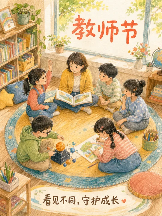 温暖手绘彩铅教师节多元课堂海报