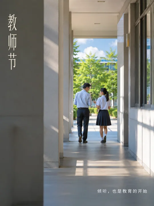 晨光长廊下的师生同行剪影海报