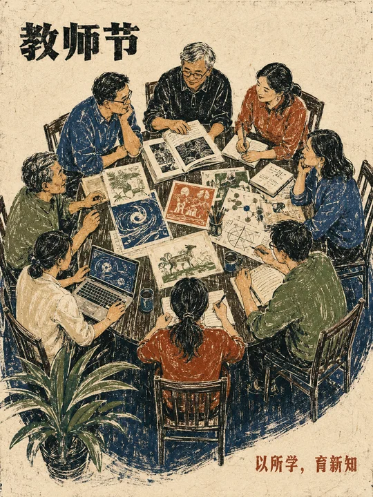 木版套色教师节海报：研讨课业的专业群体