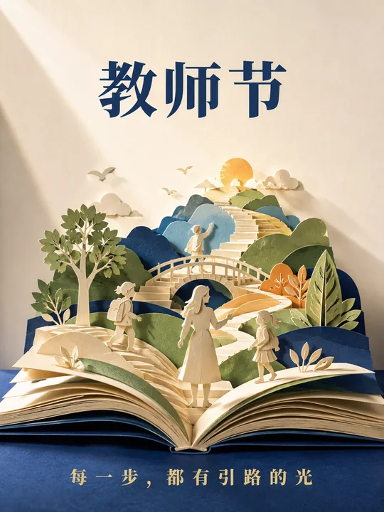 立体书卷里的教师节创意纸雕海报