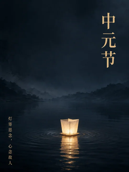 中元寄思素白河灯静谧新中式海报
