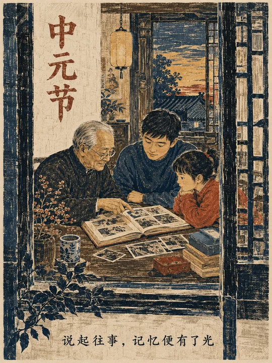 墨香与夕光：中元节家族记忆传承木版画