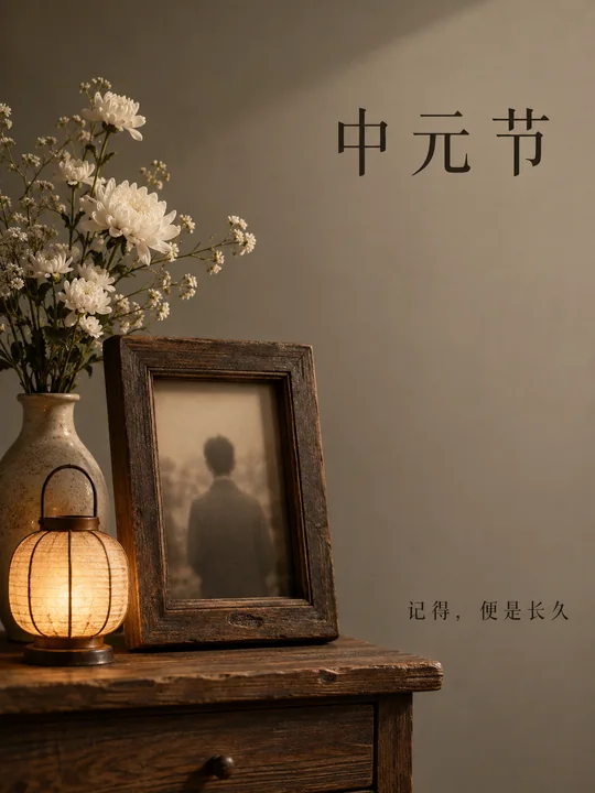 中元节素雅木质静物摄影海报设计