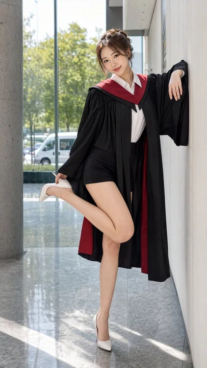 东亚女性现代大学走廊毕业人像