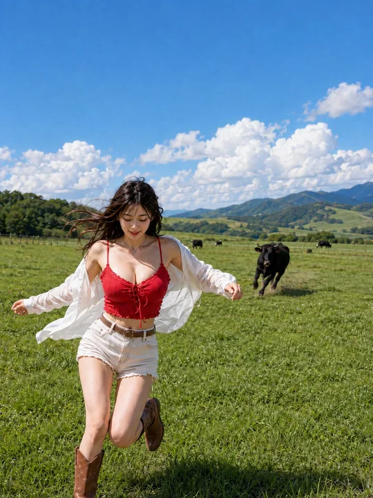 牧草地奔跑的红衣女子与黑牛追逐图