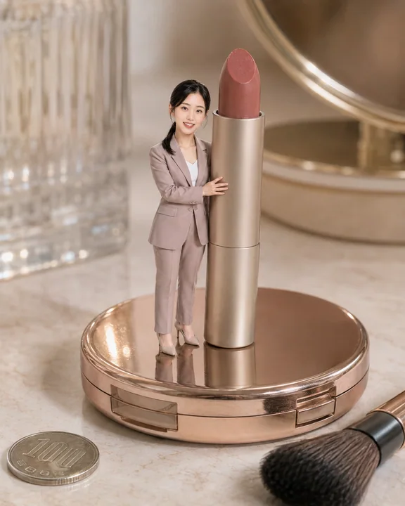 梳妆台上的微缩奇迹:粉灰西装小人与大口红