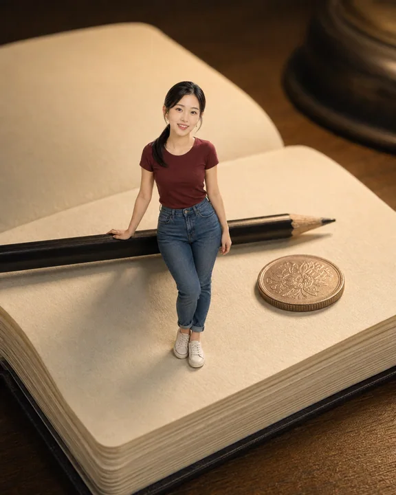 书卷中的微缩人生:酒红衬衫男子的奇幻纸境