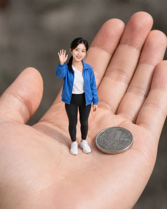手掌上的微缩奇迹:五厘米蓝色夹克小人宏观摄影