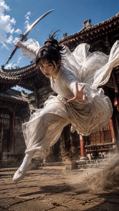超写实中国武侠白衣女侠动作摄影