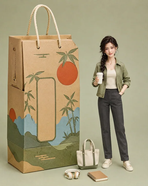 环保纸袋盒一体化潮流人偶包装摄影