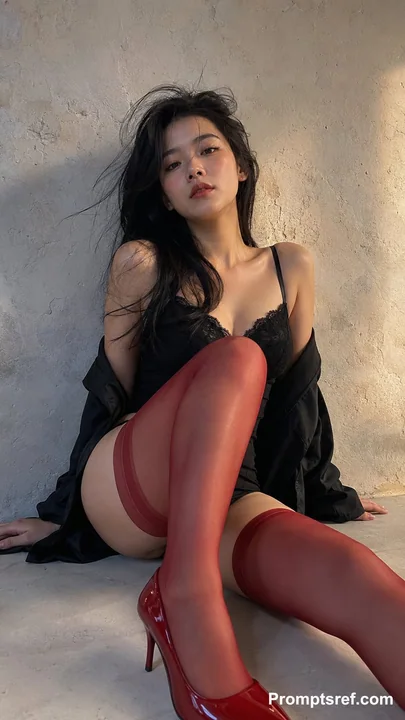 广角俯拍红袜黑衣少女氛围照
