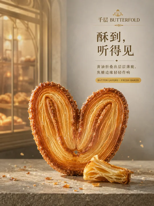 酥到听得见:高端法式千层蝴蝶酥品牌海报