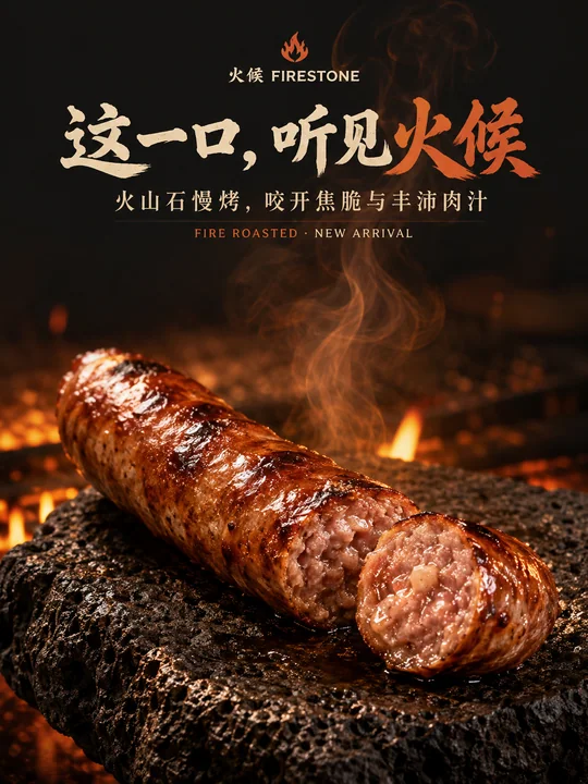 这一口听见火候:火山石烤肠新品发布海报