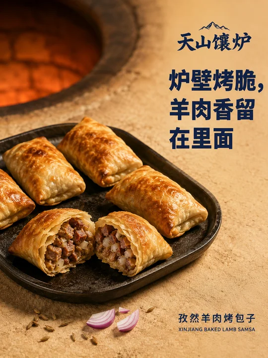 天山馕炉：金黄酥脆孜然羊肉烤包子海报