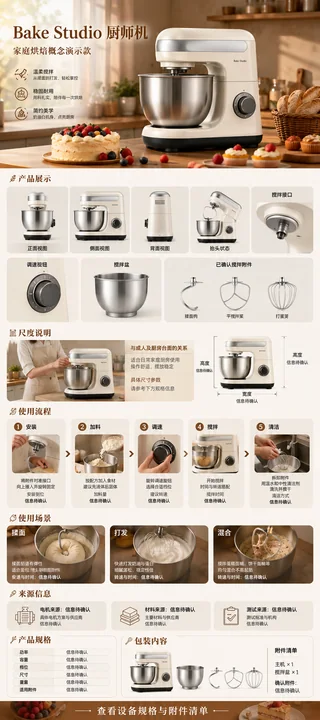 奶油白厨师机移动端电商详情页设计