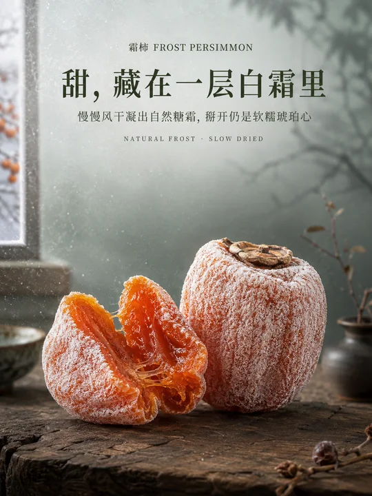 霜柿凝冬:传统挂霜柿饼品牌视觉海报