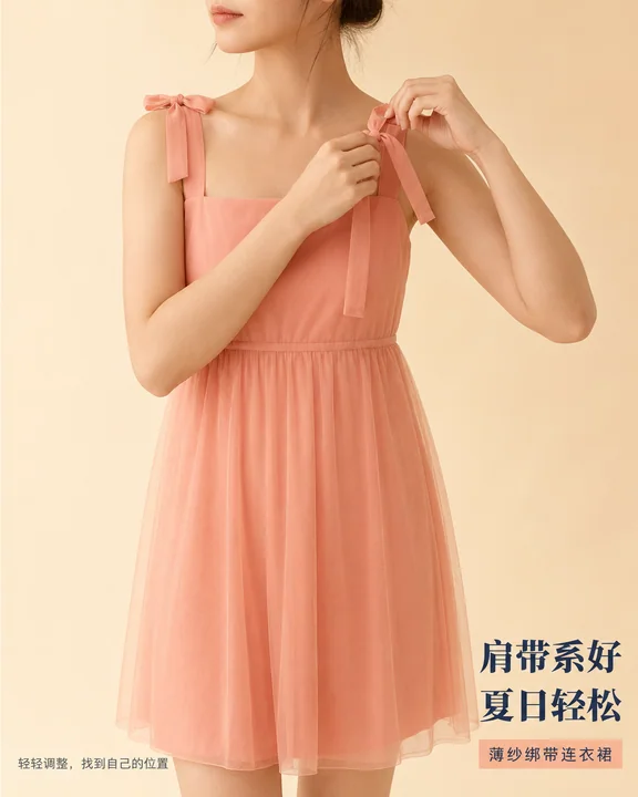 珊瑚色薄纱绑带裙细节海报