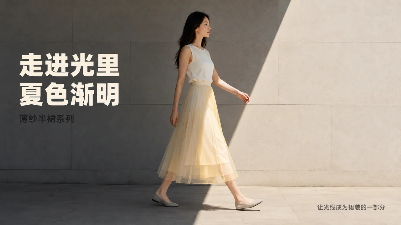 夏日美术馆光影错落的薄纱长裙海报
