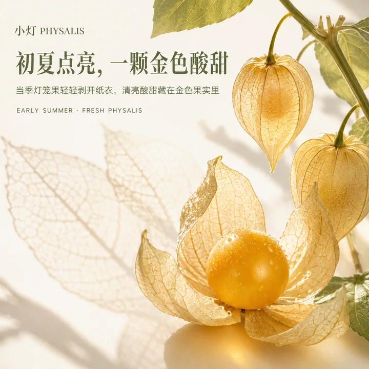 初夏微光中的金色灯笼果品牌视觉