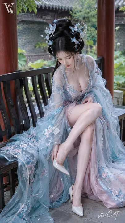 冰蓝汉服仕女园林回廊低头穿鞋写真