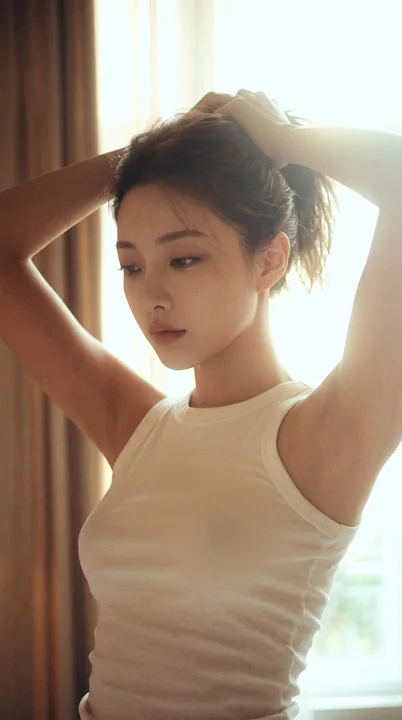 窗边整理头发的真实感女性纵向胶片人像