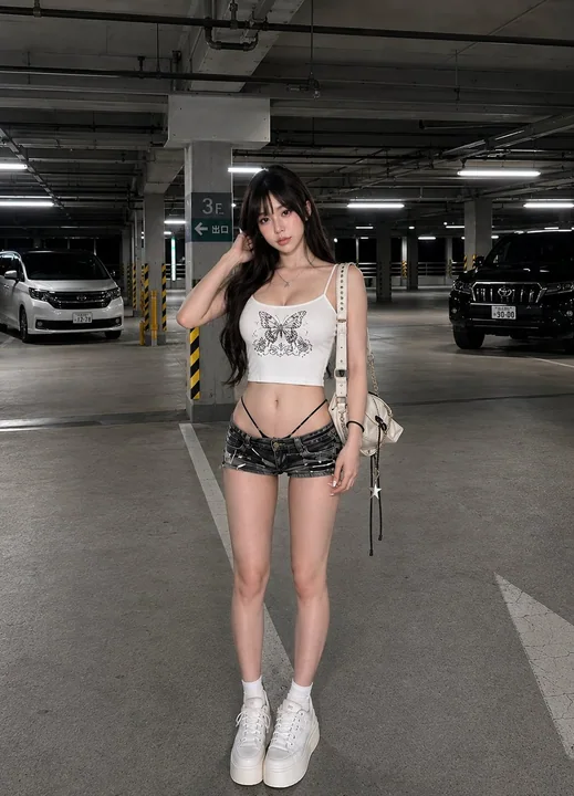 停车场蝴蝶单色调女性全身像