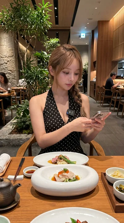 现代亚洲餐厅时尚女性美食博主写实人像
