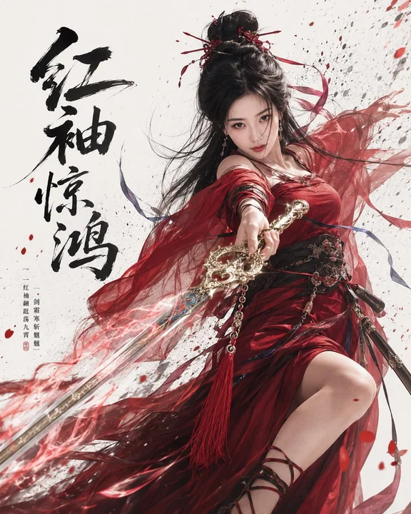 东方古风红衣女侠水墨武侠海报