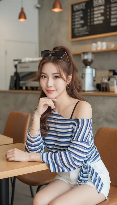 现代咖啡馆里的时尚东亚美女