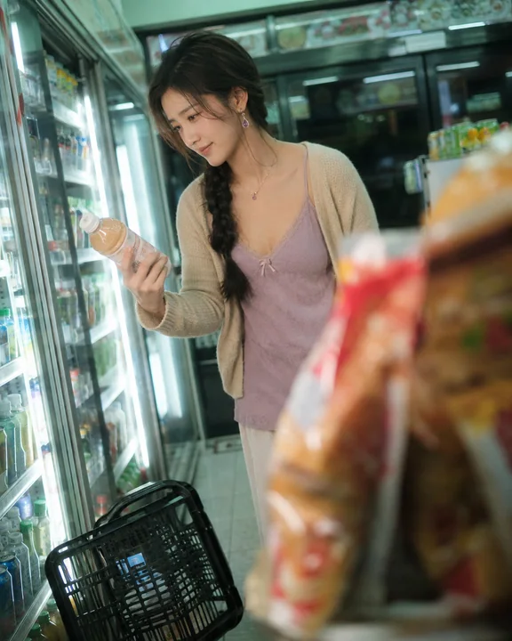 深夜便利店冷柜前的真实侧影