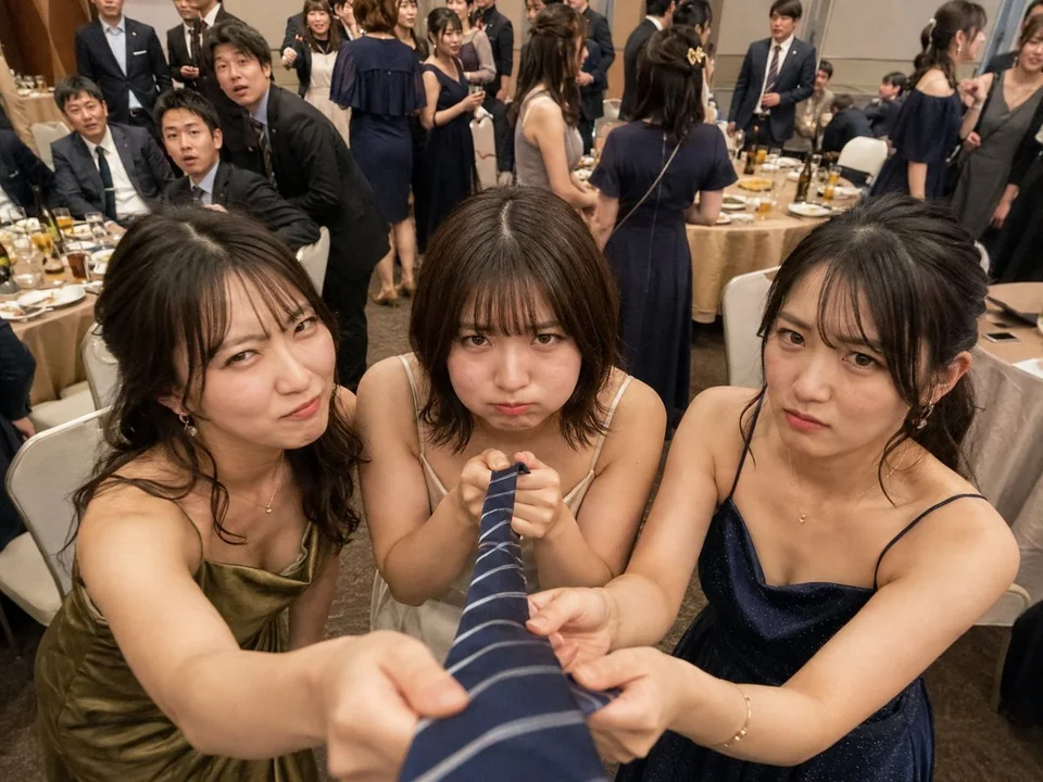 同学会三名日本女性争风吃醋拽领带抓拍