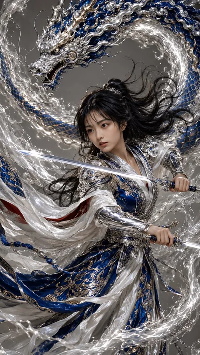 景泰蓝银甲双剑女战士与神龙