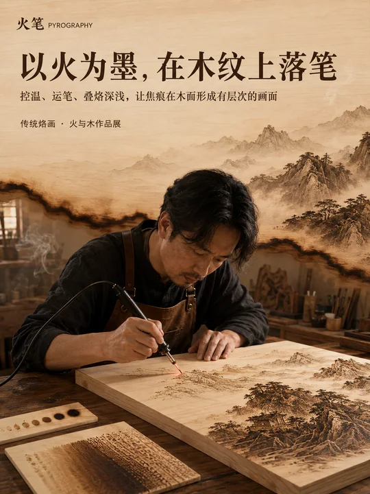 薪火传承之美:传统烙画技艺品牌视觉海报